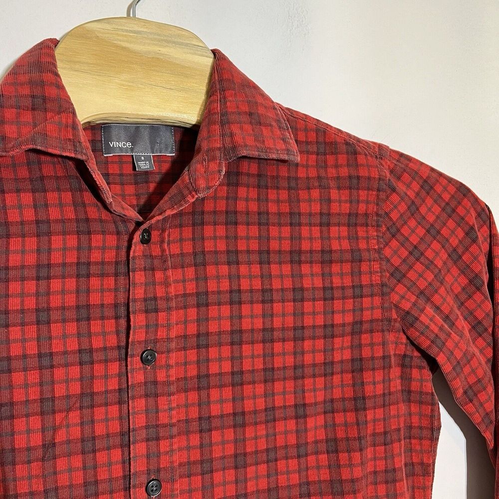 Vince Men's Small Red Plaid Button Up Corduroy Long Sleeve Shirt‎